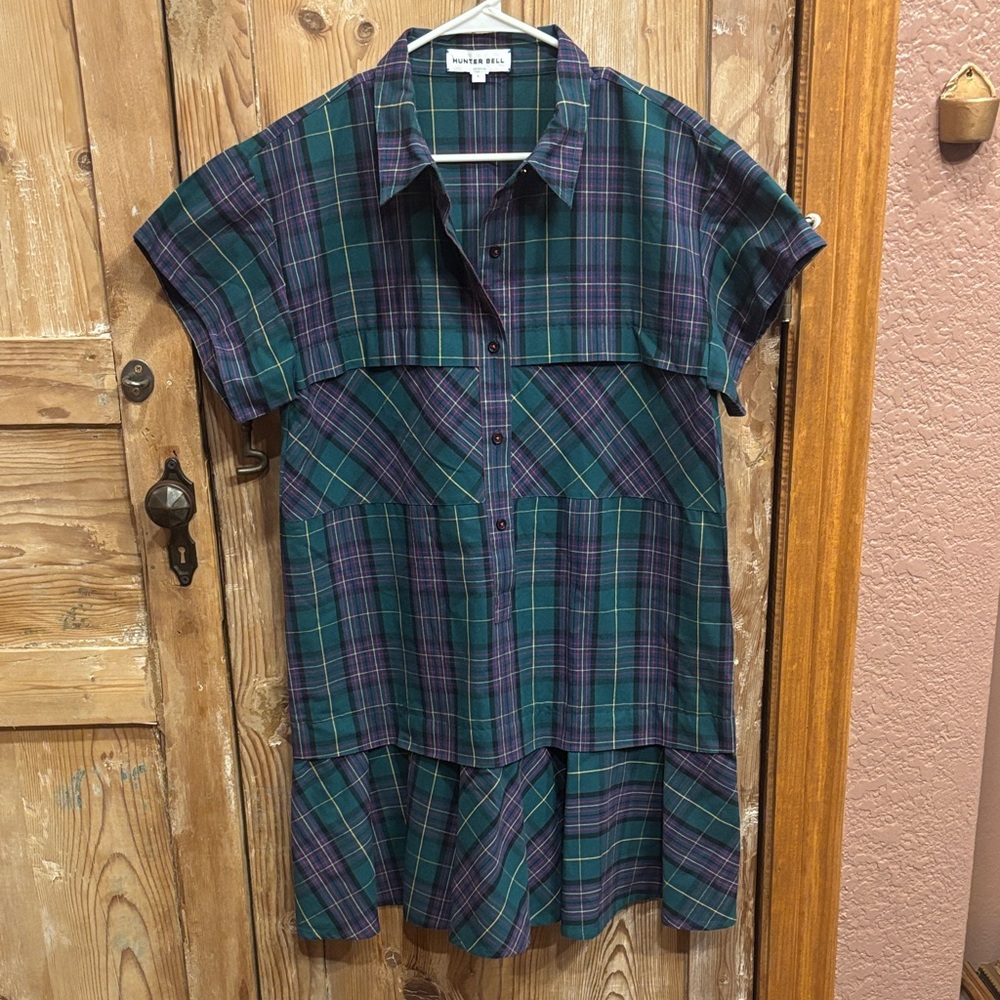 Hunter Bell Green and Purple Plaid Midi Dress